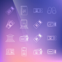 Fototapeta na wymiar Set line Ticket, Bus ticket, Airline, Train, Museum, and icon. Vector
