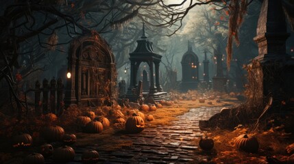 A cemetery with pumpkins on the ground