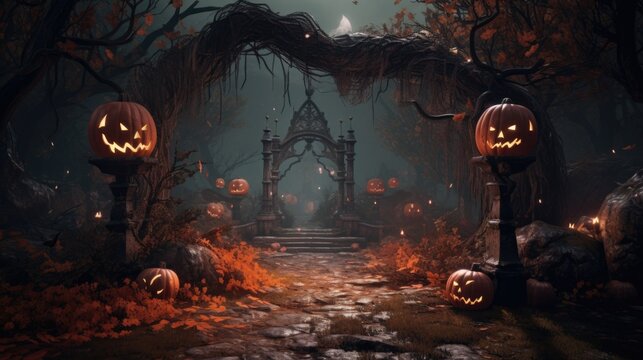 A creepy halloween scene with pumpkins and a spooky gate