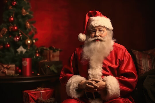 Real old Santa Claus in a red suit and Santa hat looking at the camera and laughing on the background of a Christmas tree in christmas light decorated street . Generative AI.