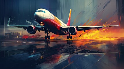 Night view of airplane on airport runway. Aviation technology and world travel concept. Digital art. Illustration for cover, card, postcard, interior design, decor or print.