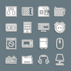 Set line Table lamp, Computer mouse, Robot vacuum cleaner, Coffee machine, House, Electrical outlet, Bathroom scales and Smart Tv icon. Vector
