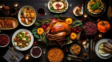 A table full of thanksgiving food with a turkey on it