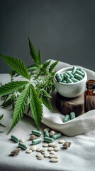 Obraz na płótnie Canvas Marijuana leaves and medical pills, generative AI.