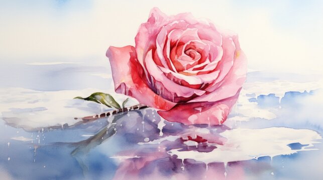 A painting of a pink rose with water droplets