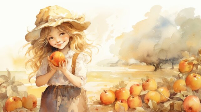 A painting of a girl holding an apple