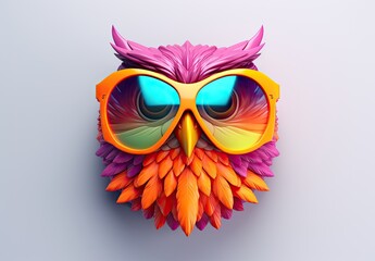 A cute colored toy owl with glasses isolated on a gray background. Figurine of an owl made of plastic, ceramics, plasticine, other material. Can be printed on t-shirt, bag, postcard, case, pillow, etc