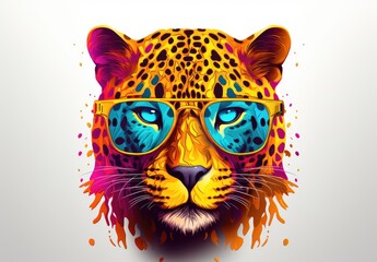 Close-up of a fashion leopard with sunglasses is painted with watercolors. Digital art. Cartoon character. Portrait of panther with paint splashes. Printable design for t-shirt, bag, postcard, etc.