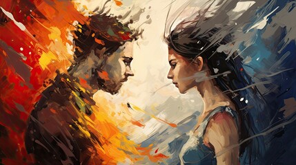 Conceptual illustration of a lady made from ice and a man made from fire. A man and a woman stand face to face and sort things out. Conflict between a guy and a girl. Psychology of relations. - obrazy, fototapety, plakaty