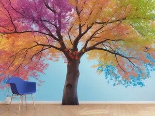 legant colorful tree with vibrant leaves hanging branches illustration background.3d abstraction wallpaper autumn tree 