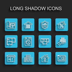 Set line Market store, House, plan, with dollar symbol, Online real estate house, Washer, Skyscraper and icon. Vector