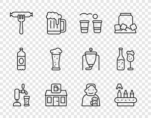 Set line Beer tap with glass, Conveyor band, beer, pong game, Store building of shop, Sausage the fork, Glass, Happy man and bottle icon. Vector