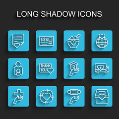 Set line Heart with cross, Volunteer, Envelope heart, Medical protective mask, Donation and charity, Thank you, Humanitarian truck and Shelter for homeless icon. Vector