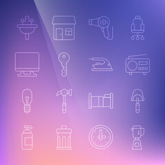 Fototapeta na wymiar Set line Blender, Spatula, Radio, Hair dryer, House key, Smart Tv, Washbasin and Electric iron icon. Vector