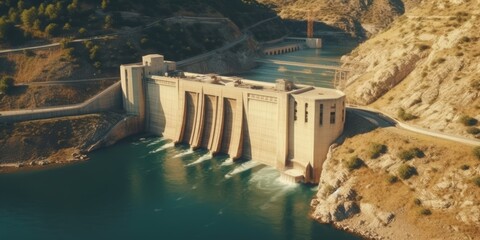 Aerial shot of a dam or other hydroelectric project at a reservoir taken from a drone. Using electricity to drain water via a gate