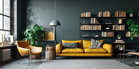 A grey wall with abstract art, a beige sofa with cushions, an ancient dark green armchair, and a yellow pouf with a book make up the vintage living room.