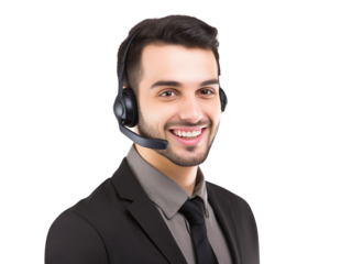 Happy call center assistant wearing headset, cut out