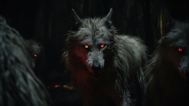 Aggressive alpha black wolf with red eyes. Pack of wild wolves. .His eyes are burning. Mythical animal - warg. Werewolf face closeup. Evil looking dog. Illustration for varied design.
