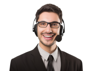 Happy call center assistant wearing headset, cut out