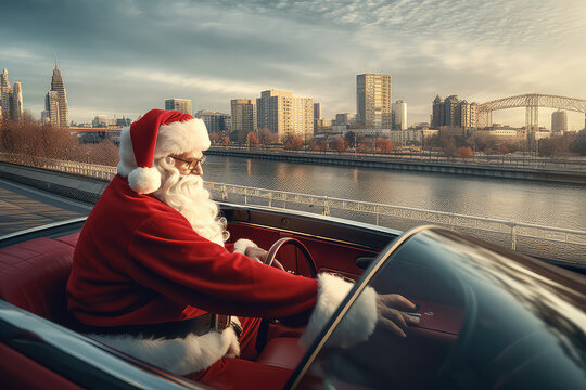 Real Santa Claus driving a cabriolet side view, on a bridge with a city background. The car is full of gift boxes. Santa Claus is smiling and looking at the camera. Generative AI
