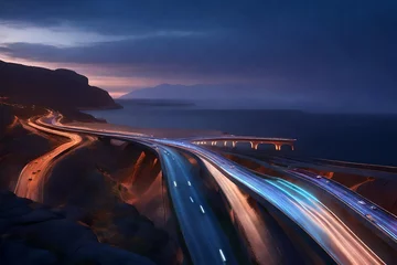 Foto op Canvas A super realistic photography of a majestic highway stretching gracefully over the vast, shimmering sea © SardarMuhammad