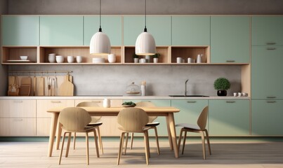 A cozy kitchen with modern furniture, cabinetry, and countertops is filled with inviting vibes from the warm wood floor, cheerful wall design, and comfortable table and chairs, perfect for creating c
