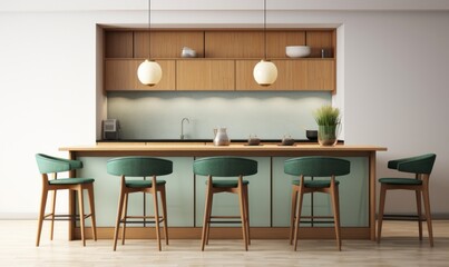 This vibrant kitchen features a wooden table and floor, with cabinetry, countertop, green chairs, and wall decor that come together to create a cozy, inviting home atmosphere