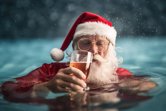 Real santa claus in red suit and santa hat looking at camera and laughing, swimming underwater with oxygen tube, present box swim , underwater shot . Generative AI.