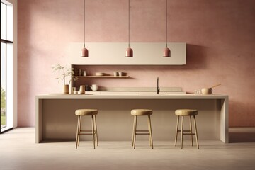 This warm and inviting kitchen, with its wall of cabinetry, sleek countertop, and mirrored table, is a perfect blend of modern design and classic home comfort