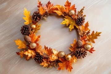 Preparation for fall Anise, leaves, and pinecones are used to make this autumnal wreath. Top view, flat lay in anime style, and copy space