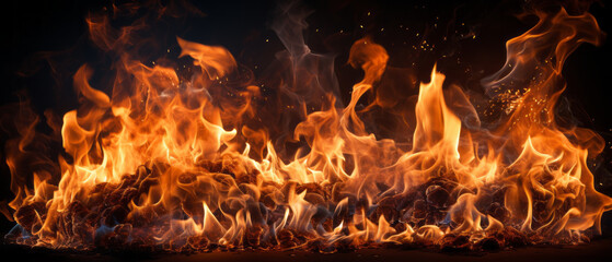 Closeup of burning flames, fire background banner long.generative aI