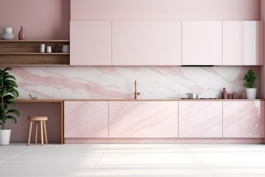 A cozy pink kitchen boasting modern cabinetry, a sparkling countertop, and inviting flooring creates an inviting and stylish home atmosphere