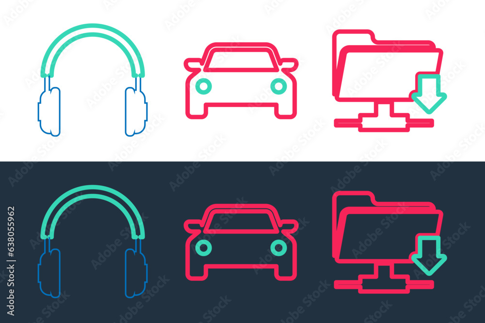 Wall mural Set line FTP folder download, Headphones and Car icon. Vector