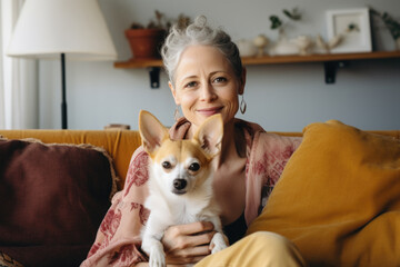Portrait of beautiful smiling middle aged woman sitting with her dog on the bed, relaxing.