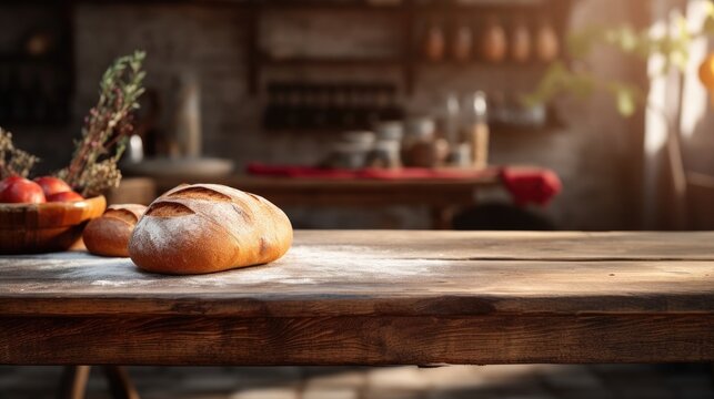 empty wooden table rustical style for product presentation with a blurred bakery in the background