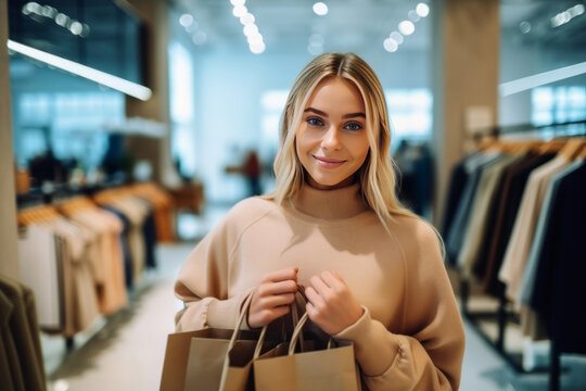 close-up portrait of Satisfied female fashionista shopper with paper bags.generative aI