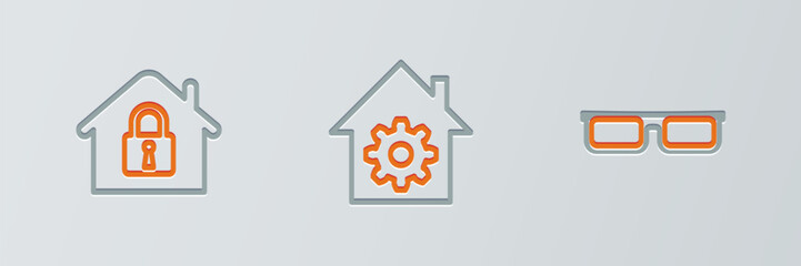 Set line Glasses, House under protection and Smart home settings icon. Vector