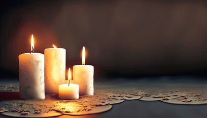 decoration with candles light. Christmas candles burning at night. Abstract candles background.