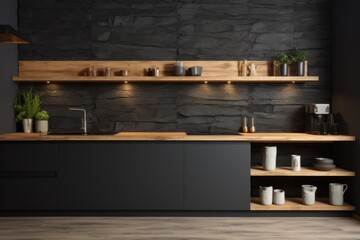 This minimalist kitchen, with its sleek black cabinetry and shelving, modern furniture, and vibrant houseplant, is a beautiful blend of form and function that will bring life and style to any home