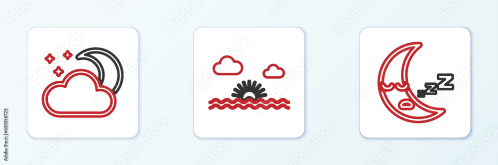 Poster set line moon icon, cloud with moon and stars and sunset icon. vector