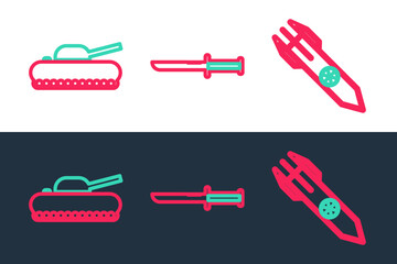 Set line Nuclear rocket, Military tank and knife icon. Vector