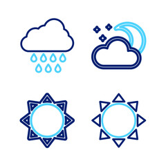 Set line Sun, Cloud with moon and stars and rain icon. Vector