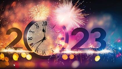 Obraz na płótnie Canvas new year clock, end of the year 2023, 2023 year move to 2024 year on black clock with copy space for preparation Merry Christmas and Happy new year concept.