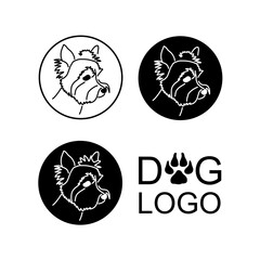 Round logo of a cute Yorkshire terrier black and white. Vector set of glamorous dog pet icon