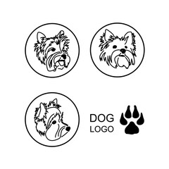 Round logo of a cute Yorkshire terrier black and white. Vector set of glamorous dog pet icon