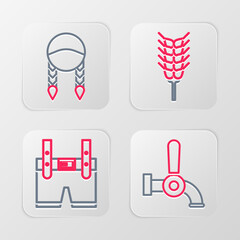 Set line Beer tap, Lederhosen, Wheat and Braid icon. Vector
