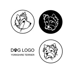 Round logo of a cute Yorkshire terrier black and white. Vector set of glamorous dog pet icon