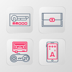 Set line Mobile and playing in game, Game console with joystick, Chest for and Create account screen icon. Vector