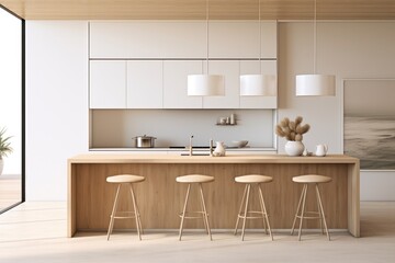 This cozy, yet modern kitchen is filled with warm hues and stylish furniture, featuring wall-to-wall cabinetry, a spacious countertop, and a window overlooking the home, creating a unique and invitin