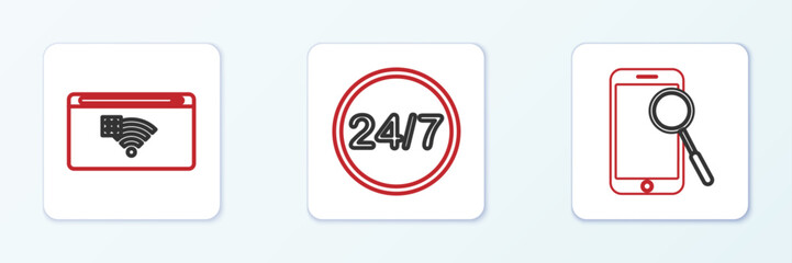 Set line Mobile phone diagnostics, No Internet connection and Clock 24 hours icon. Vector